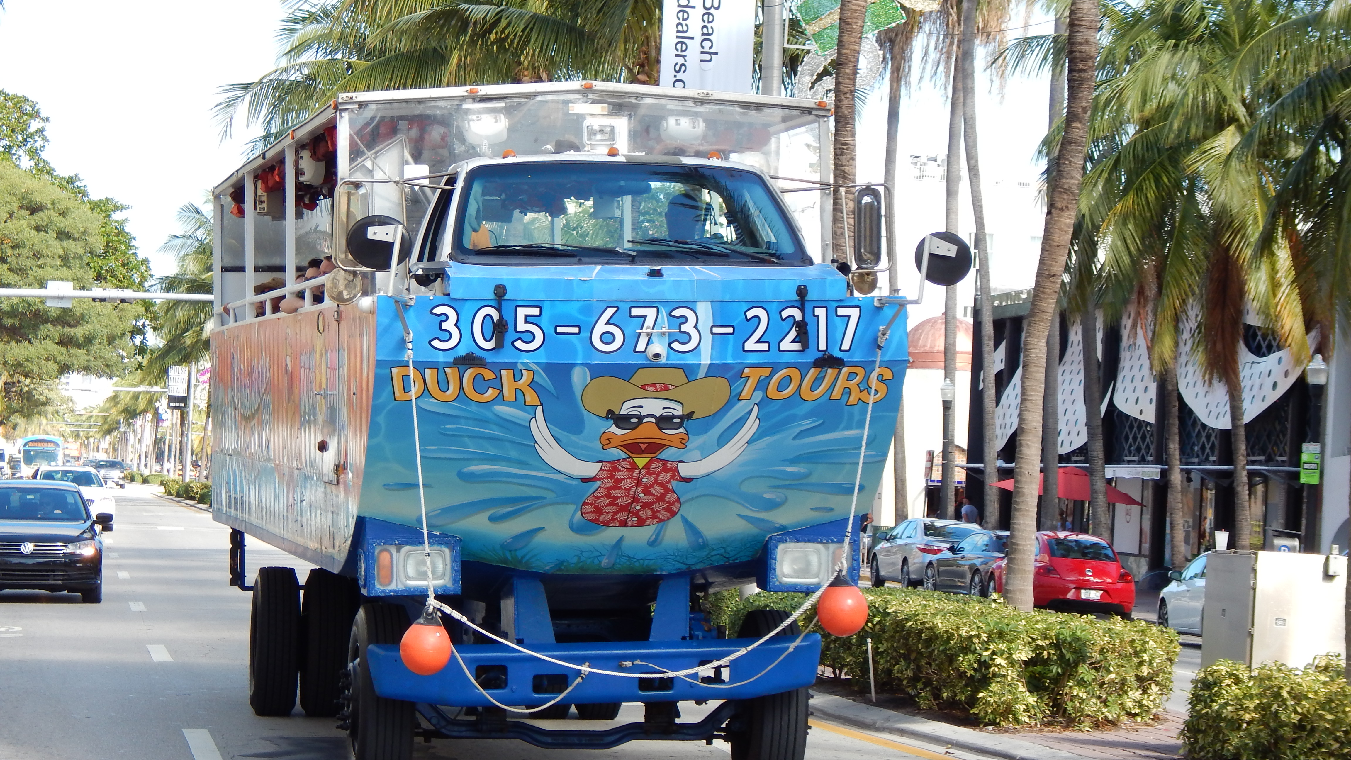 Duck Tour vehicle driving down Washington Ave in South Beach